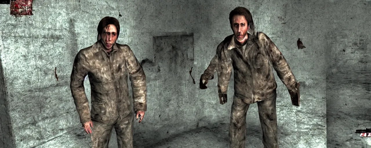 Prompt: nicolas cage in silent hill pc game, 3 d model, screenshot, enemy nurse, fight