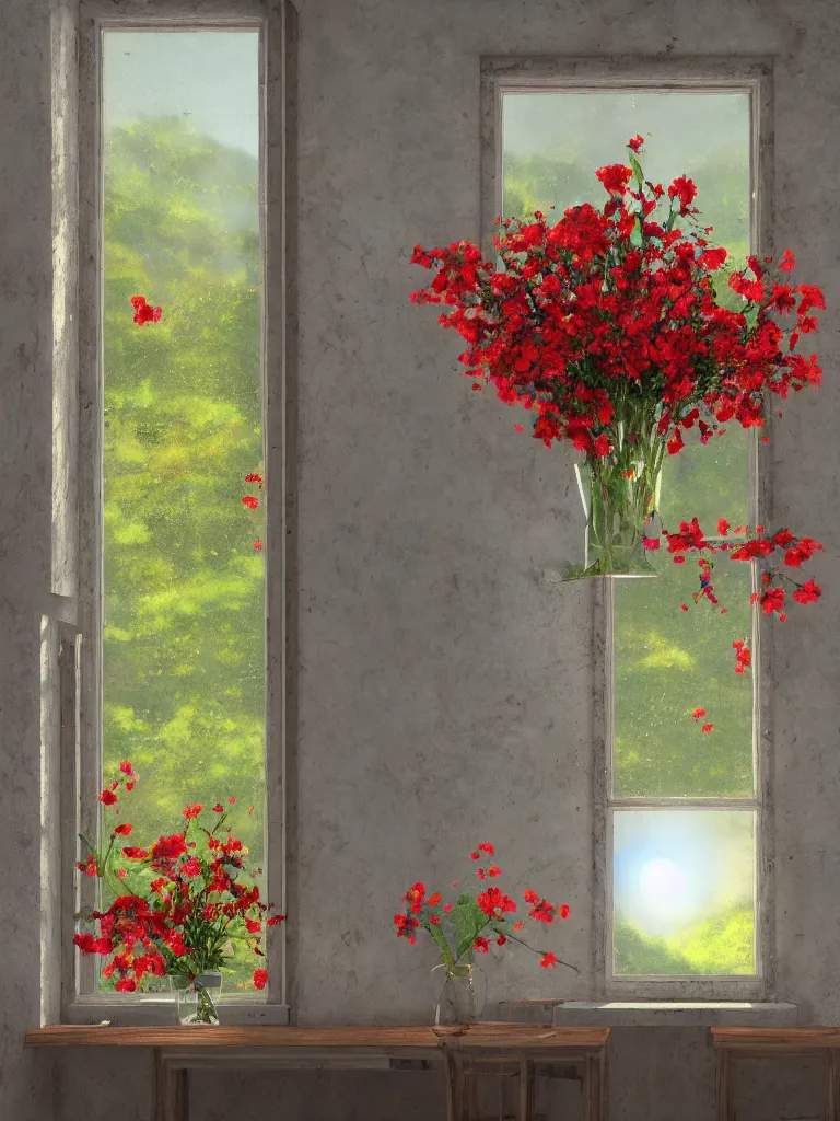 Image similar to a old house window with a vase of red flowers with view to a sunrise, blue wall, a wooden chair near the window, concept art, octane render, unreal engine 5, trending on deviantart, highly detailed, high quality, hd, digital painting, masterpiece, geometric, symmetrical, low contrast, beautiful, high coherence, natural lighting, intense lighting