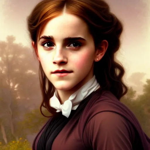 Prompt: Emma Watson as Hermione Granger. Happy. Cheerful. Smiling. Western. Closeup. Fantasy. Intricate Elegant. Highly detailed. Digital painting. Artstation. Concept art. Matte. Sharp focus. Illustration. 4K. Art by William-Adolphe Bouguereau.