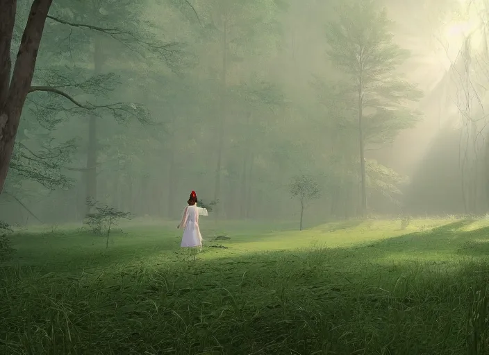 Image similar to a woman dressed in a white dress, seen from behind, in a magical forest, painted by, mc escher, gordon onslow ford, georgia o'keeffe and ivan aivazovsky, cinematic light, god rays, colourful, unreal engine, zbrush central,