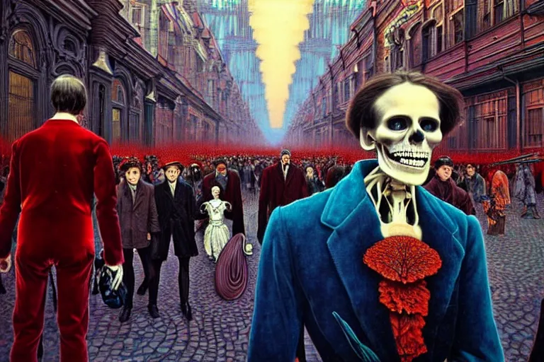 Image similar to realistic detailed photorealistic film portrait shot of a single skeleton wearing crimson velvet blazer in a crowded futuristic moscow street by Denis Villeneuve, Amano, Yves Tanguy, Alphonse Mucha, Ernst Haeckel, Andrei Tarkovsky, Edward Robert Hughes, Roger Dean, rich moody colours, wide angle, blue eyes