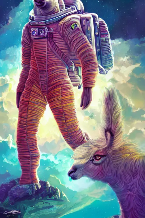 Image similar to A Retropunk Naturewave Defender, Astronaut Llama, beautiful realistic cinematic portrait, llama superhero character llama fashion design, by David Heskin and Paul Lehr and Josan Gonzalez and llama, Russell Mills and Igor Kieryluk, Artgerm, WLOP, 8k, Hi-Fructose, masterpiece anthro illustration, daily deviation, llama