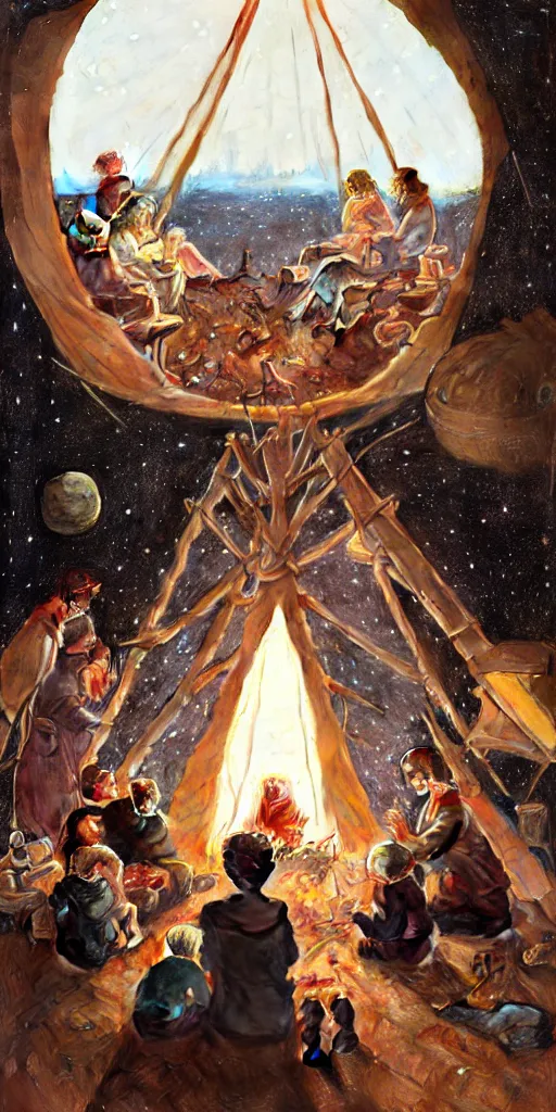 Prompt: a mother a father and 8 children sitting in front of a tipi and seeing the universe full of galaxies and planets, imagination, part by norman rockwell, part by greg rutkowski, part by mattias adolfsson, high angle, ( ( ( ( volumetric lighting ) ) ) ), oil on canvas