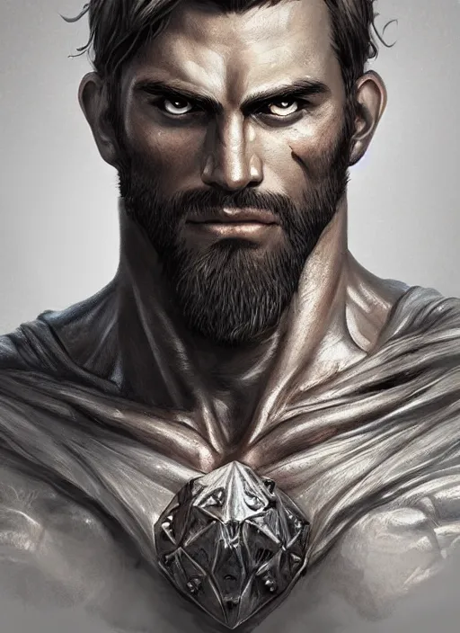 Prompt: portrait of a rugged ranger, muscular, upper body, hairy torso, D&D, fantasy, intricate, elegant, highly detailed, digital painting, artstation, concept art, smooth, sharp focus, illustration, art by artgerm