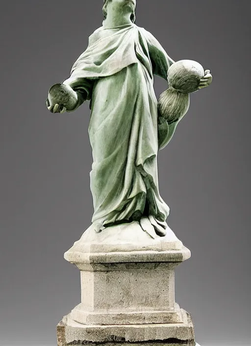 Image similar to A marble statue of a squirrel holding an acorn in the style of Statue of Liberty. museum photo