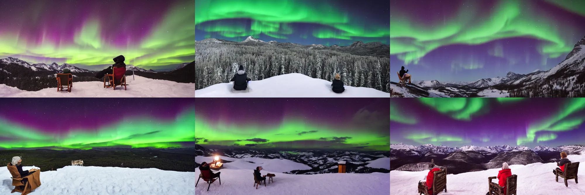 Prompt: person sitting in a chair outside a cabin on top of a mountain during winter, during nighttime with wolves far away and clear sky with stars and aurora visible