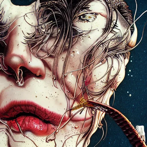 Prompt: closeup of face melting, by yoichi hatakenaka, masamune shirow, josan gonzales and dan mumford, ayami kojima, takato yamamoto, karol bak