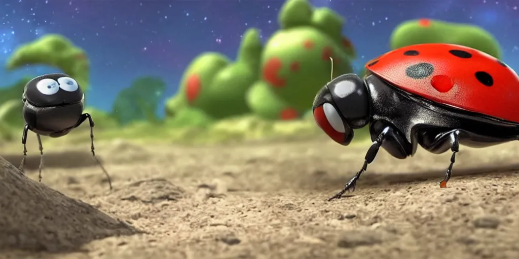 Image similar to a 3 d rendered movie still from a distance of 3 0 m of a ladybug 1 million years from now. the ladybug is sentient, wears tiny spacesuit, and conquered space exploration in a tiny space ship. science fiction blockbuster movie ladybugs rule the world, imax 7 0 mm. buzz lightyear.