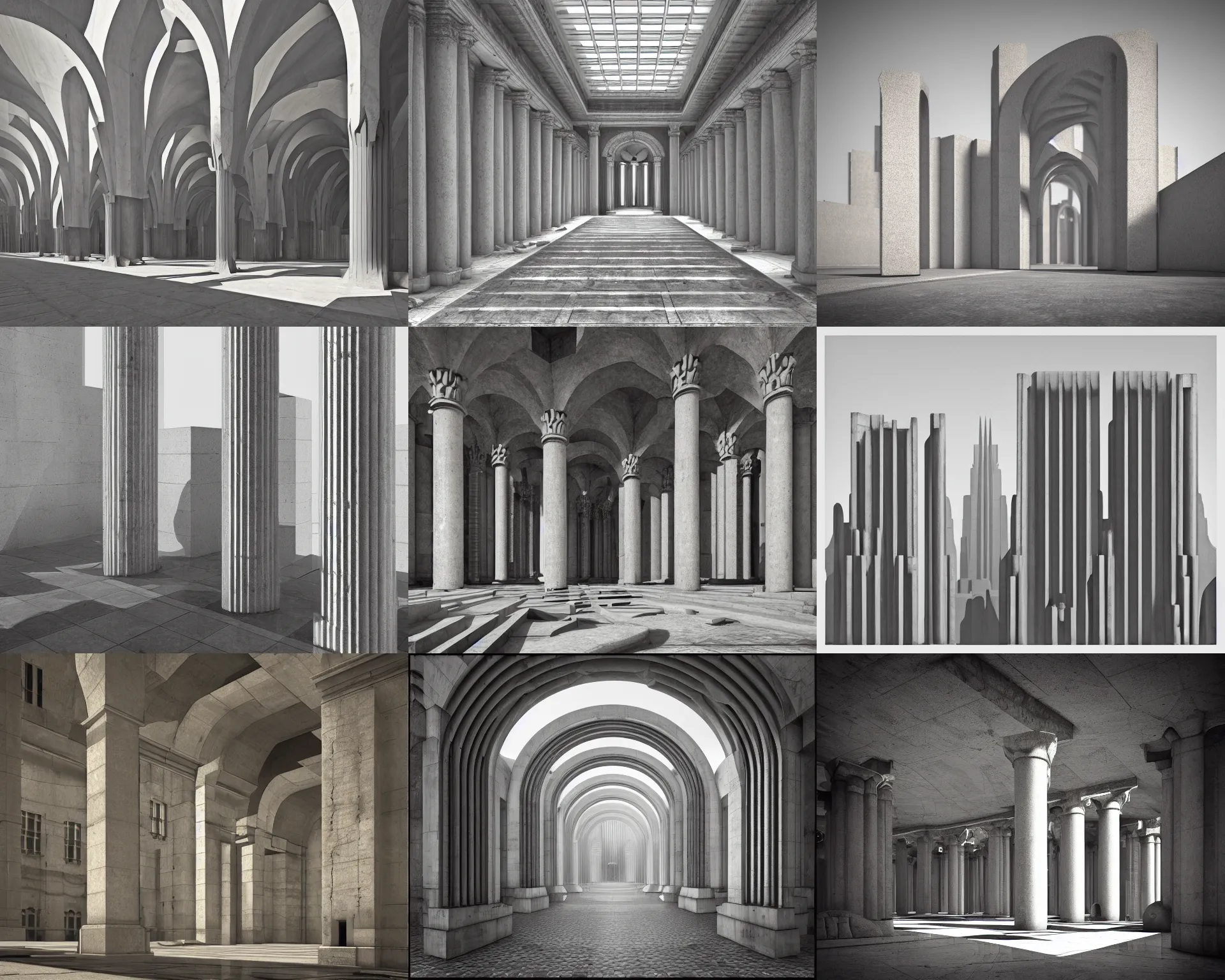 Prompt: music album cover, brutal concrete roman architecture, archs and columns, metropolis, 1930s, light and shadows, in the style of Hugh Ferriss, Behance, 3d render, volumetric llight, retro futurism, Dribbble, H 640