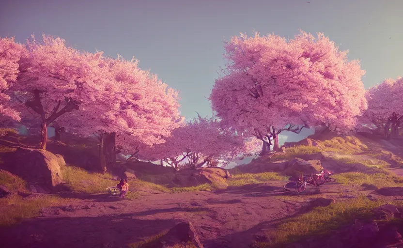 Prompt: cherry blossoms in the mountains, Low level, rendered by Beeple, Makoto Shinkai, syd meade, simon stålenhag, synthwave style, digital art, unreal engine, WLOP, trending on artstation, 4K UHD image, octane render,