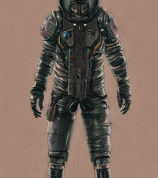 Prompt: realistic cyberpunk japanese engineer with long limbs and a black spacesuit welding, techwear, dead space, visible face, gritty Industrial Scifi, detailed illustration, character portrait, by Martin Grip and Moebius