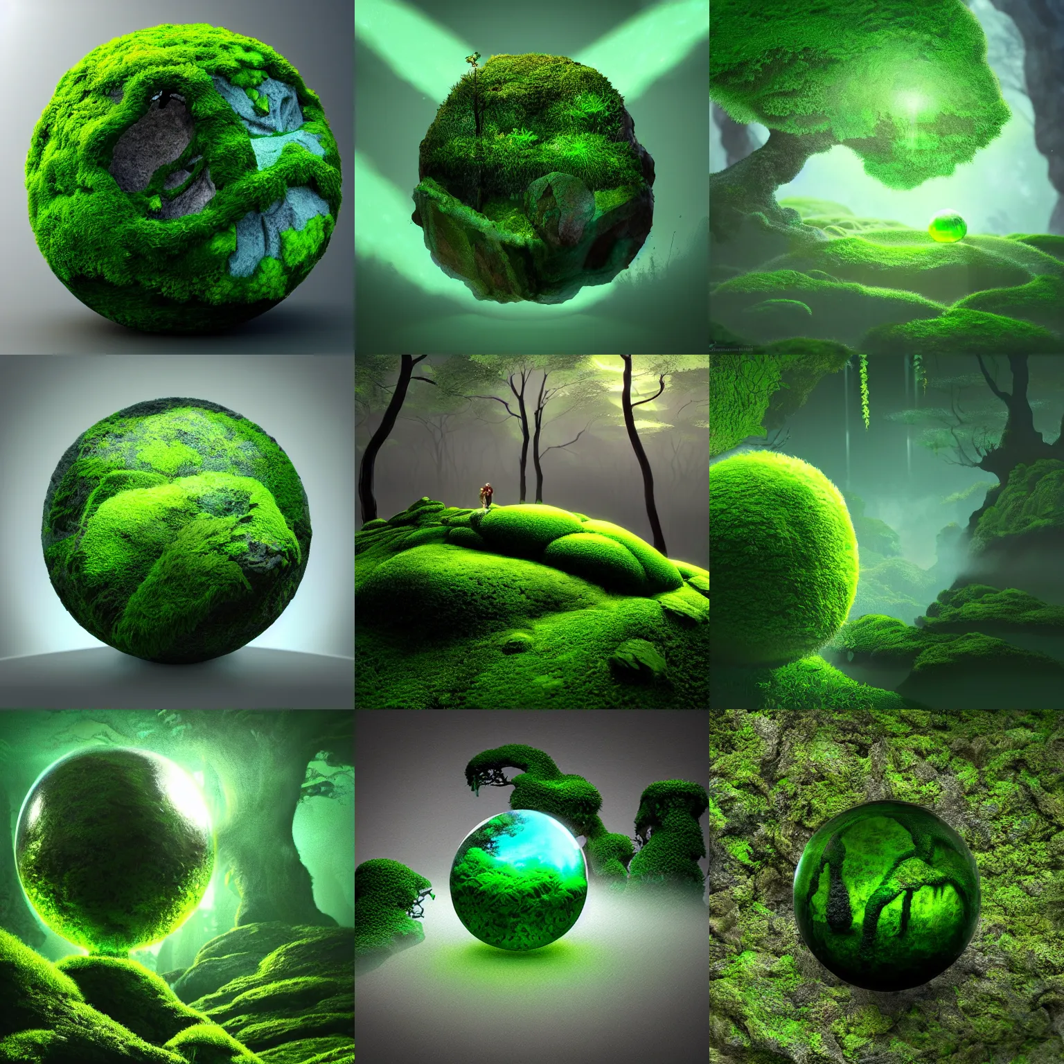Prompt: closeup illuminated magic green stone sphere covered with moss, in gentle green dawn light, eyvind earle, studio ghibli painting, cinematic lighting, volumetric lighting, smooth, sharp focus, highly detailed, render in unreal engine 5, artstation, deviantart, behance, trending, epic composition, octane, light rays, award - winning