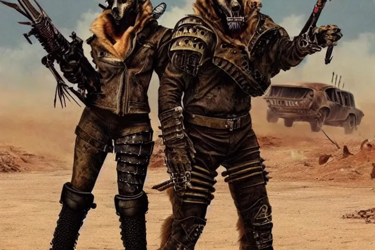 Image similar to a hound dog fursona ( from the furry fandom ), heavily armed and armored facing down armageddon in a dark and gritty version from the makers of mad max : fury road. witness me.