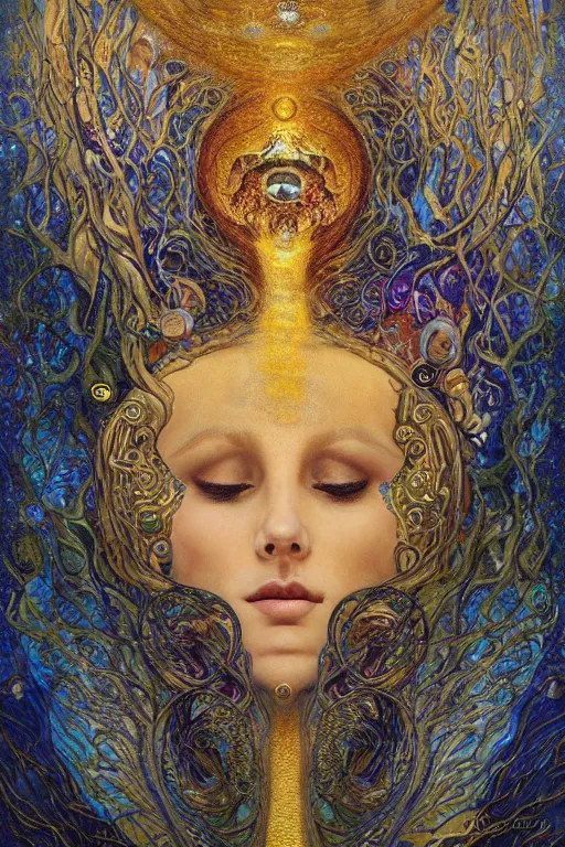 Image similar to Rebirth by Karol Bak, Jean Deville, Gustav Klimt, and Vincent Van Gogh, majestic portrait of a sacred serpent, Surreality, radiant halo, shed iridescent snakeskin, otherworldly, fractal structures, celestial, arcane, ornate gilded medieval icon, third eye, spirals