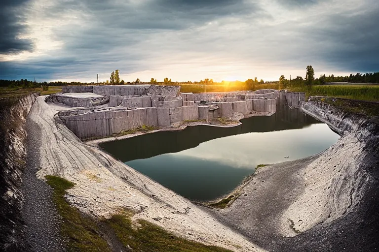 Image similar to an abandoned water - filled lime quarry. the water filled quarry is located in oland, sweden. golden hour, portrait, dslr, 3 5 mm, wide angle, the happiest childhood summer memories, magical realism photograph by erik johansson