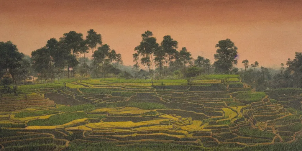 Image similar to painting of a rice terrace in the evening