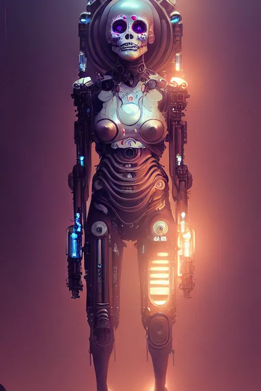 Image similar to ultra detailed Female Android, scifi, fantasy, octane render, (dia de los muertos), asymmetrical, intricate concept art, art by Godmachine and michael welan and DZO and greg rutkowski and alphonse mucha and loish and WLOP