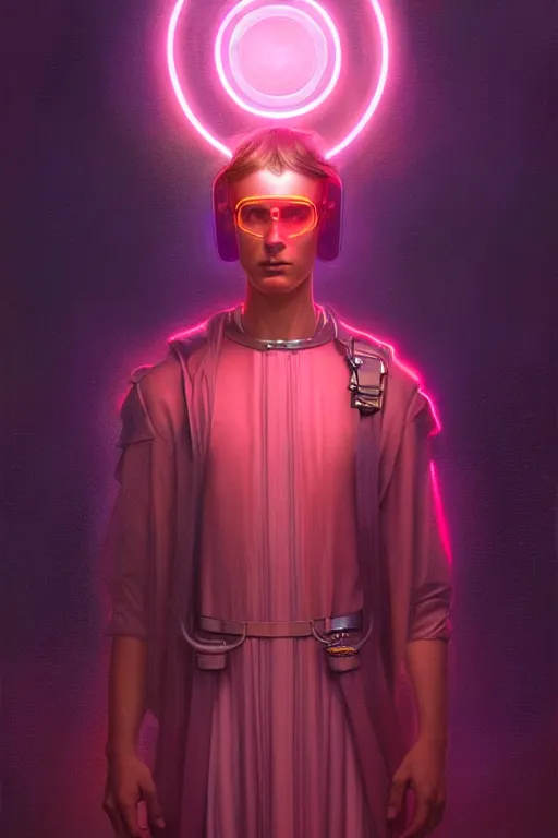 Prompt: male patron saint of 🛸🌈, futuristic clothing, neon god of city character portrait, in the style of moebius, tom bagshaw, and waterhouse, cinematic lighting, beautiful, elegant, oil painting,