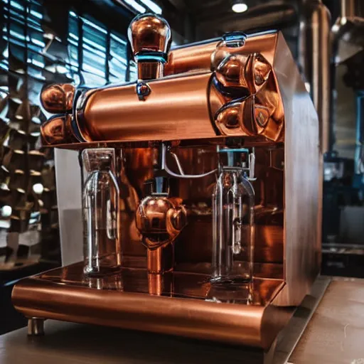 Prompt: isometric view of a large coffee machine, rube goldberg machine, made of copper and glasswork, rivets, glass vials, glass bulbs, beautiful