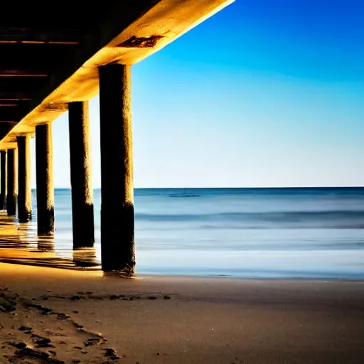 Image similar to a blurry photograph of a humanoid silhouette walking on the beach, taken from under a pier, pillars in the foreground, real, realistic, 4 k, photography