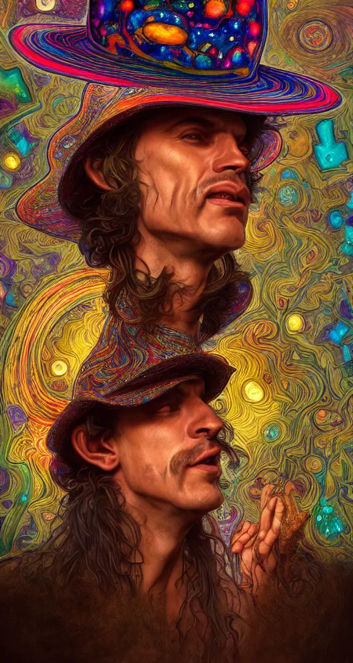 Prompt: An extremely psychedelic celestial smiling Larry Harvey white fedora hat, colorful, surreal, dramatic lighting, magic mushrooms, psilocybin, LSD, detailed, intricate, elegant, highly detailed, digital painting, artstation, concept art, smooth, sharp focus, illustration, art by Krenz Cushart and Artem Demura and alphonse mucha