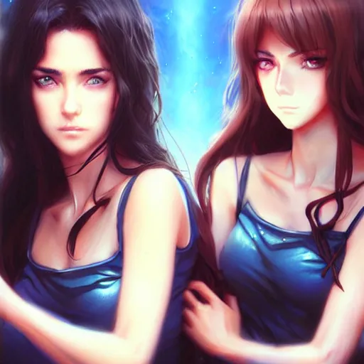 Image similar to jennifer connelly and kathy ireland as a beautiful anime girls by wlop and greg rutkowski