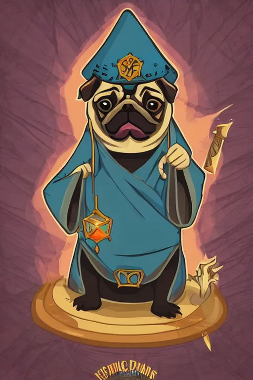 Image similar to Portrait of a pug that is a wizard casting a spell , wizard, medieval, sticker, colorful, casting epic spell, magic the gathering artwork, D&D, fantasy, artstation, heroic pose, illustration, highly detailed, simple, smooth and clean vector curves, no jagged lines, vector art, smooth