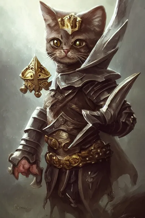 Image similar to cute little anthropomorphic cat knight wearing a cape and a crown, tiny, small, miniature cat , baby animal, short, pale blue armor, cute and adorable, pretty, beautiful, DnD character art portrait, matte fantasy painting, DeviantArt Artstation, by Jason Felix by Steve Argyle by Tyler Jacobson by Peter Mohrbacher, cinematic lighting