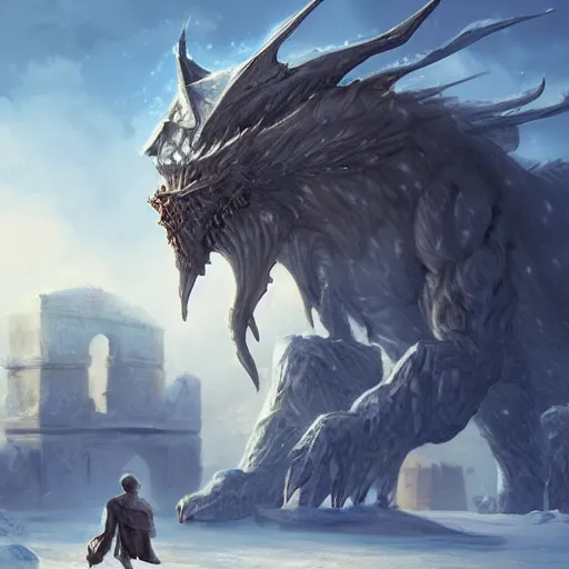 Prompt: Gigantic creature with ancient buildings on its back, snow, digital art, realistic, trending on artstation