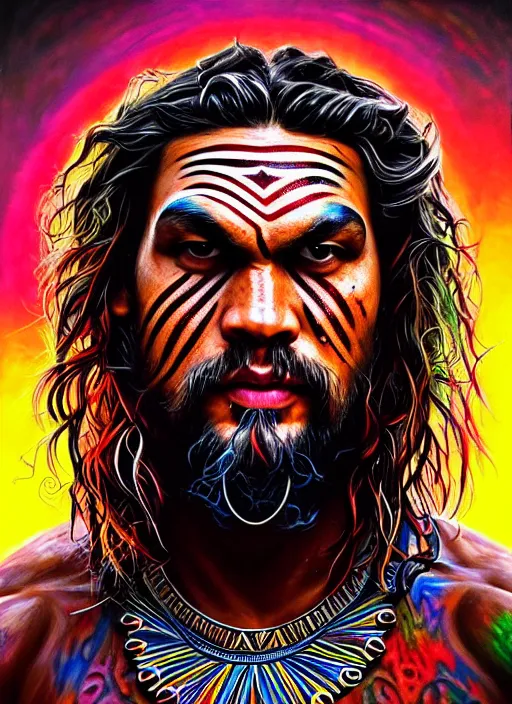 Image similar to portrait of jason momoa, hyper detailed ultra sharp aztec shaman warrior. trending on artstation, warpaint aesthetic, bloodwave, colorful, psychedelic, ornate, intricate, digital painting, concept art, smooth, sharp focus, illustration, art by artgerm and greg rutkowski and h. r. giger, 8 k