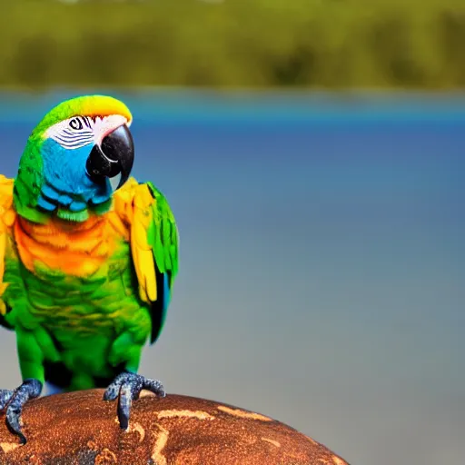 Image similar to A parrot carrying a septor over the ocean, frontal view, bokeh, sunny day, closeup