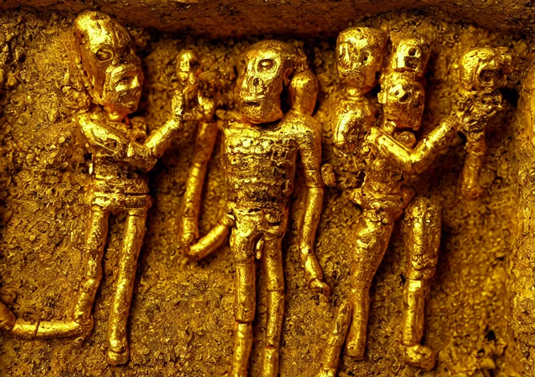 Image similar to Archaeologists discover ancient golden robot inside Mayan burial chamber. Photorealistic. Intricate details.