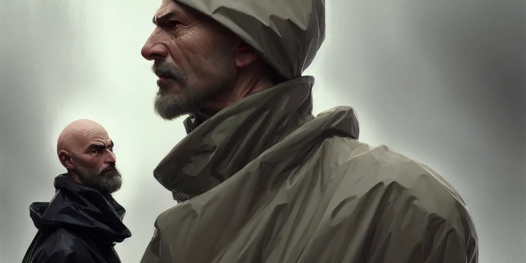 Prompt: european ( ( ( ( bald man ) ) ) ) dressed in raincoat, male, clear face, masculine, upper body, highly detailed, digital painting, artstation, concept art, matte, sharp focus, illustration, art by artgerm and greg rutkowski and alphonse mucha