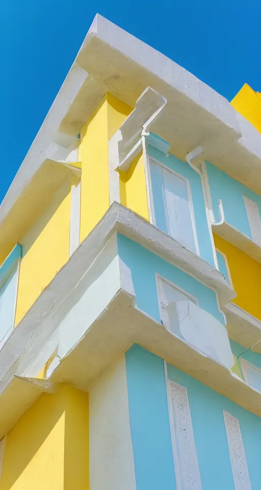 Image similar to pastel yellow turkish architecture in front of a light blue clear sky, beautiful, minimalistic, aesthetic, two tone, adult swim style