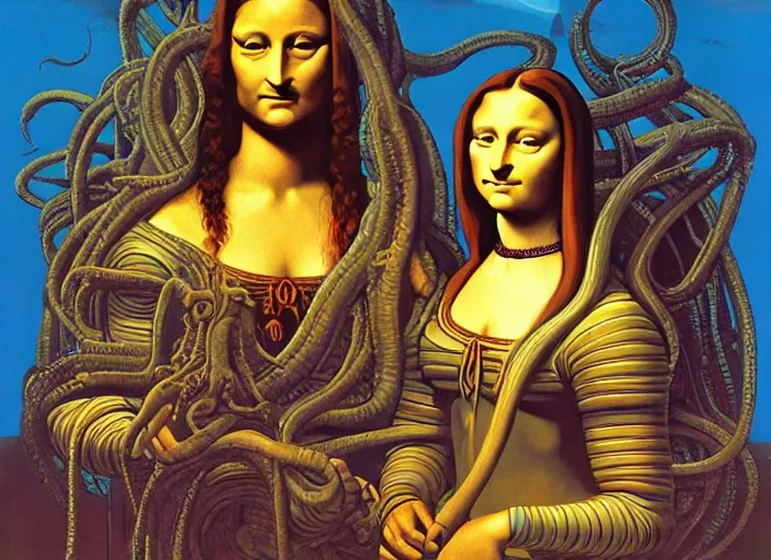 Image similar to monalisa as medusa, omnious by kilian eng, chris foss, rodney matthews, robert mccall, jacek yerka and vladimir kush, oil on canvas