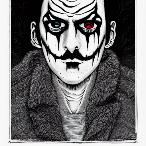 Image similar to detailed print of man wearing corpse paint. Artwork by Junji Ito and dan Mumford