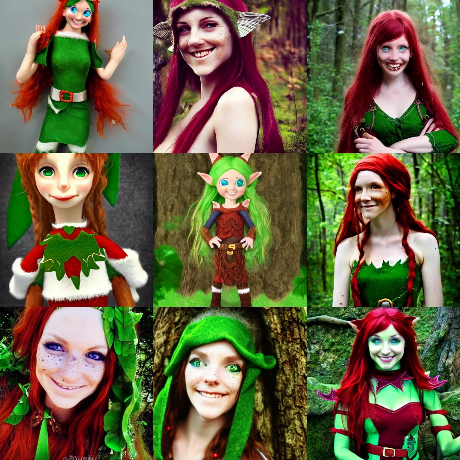 Image similar to elf druid, feminine, smiling, freckles, green eyes, red hair, tall