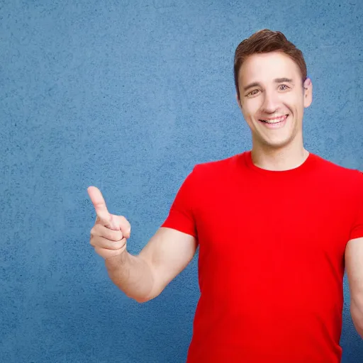 Image similar to stock photo of man smiling and pointing at the camera, white tee-shirt, blue pants, studio shot