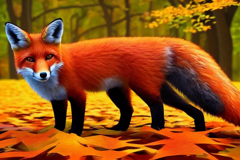 Image similar to super detailed color lowpoly art, red fox in an autumn maple forest, unreal engine, retrowave color palette, 3 d render, lowpoly, colorful, digital art, perspective