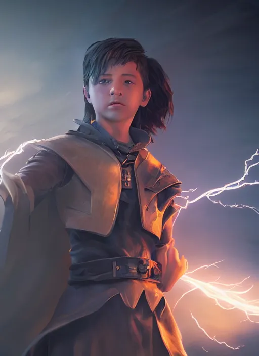 Image similar to An epic fantasy comic book style portrait painting of a young boy surrounded by lightning and power, unreal 5, DAZ, hyperrealistic, octane render, cosplay, RPG portrait, dynamic lighting