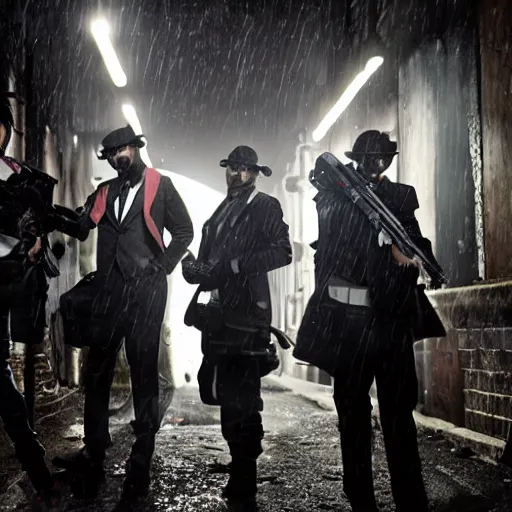 Prompt: 8 mafia members standing in a darkly lit alley way with tommy guns and bags of money on the floor, cinematic, dynamic lighting, cool, raining, photorealistic, stunning, detailed, anime artstyle