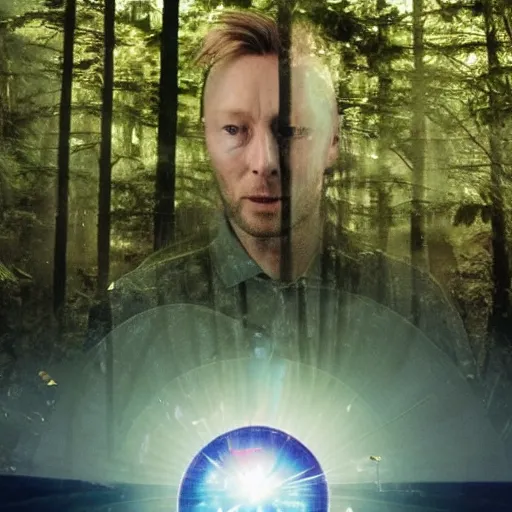 Image similar to thom yorke singer songwriter in a forest in a spacesuit filling up with water, waterline refractions, anamorphic lens flare, beautiful blueish eyes, eyes reflecting into eyes reflecting into infinity, spherical tiny round eye pupils, eyes reflecting into eyes reflecting into infinity, dramatic lighting