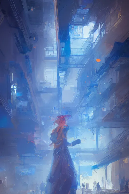 Image similar to nenufar, colorful, blue backgroung,clean, joyful, intricate, elegant, volumetric lighting, digital painting, highly detailed, artstation, sharp focus, illustration, concept art, ruan jia, steve mccurry