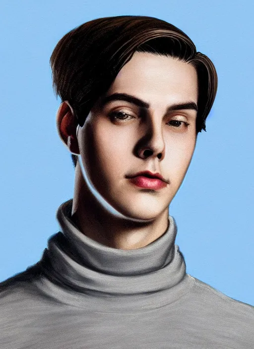 Image similar to portrait of teenage jughead jones wearing a light grey crown, crown, blue turtleneck, 1 9 5 0 s, closed eyes, photorealistic, black hair, glowing lighting, intricate, elegant, glowing lights, highly detailed, digital painting, artstation, concept art, smooth, sharp focus, illustration, art by wlop, mars ravelo and greg rutkowski