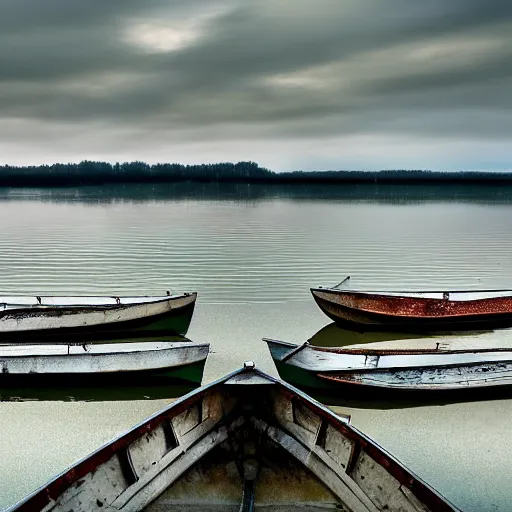 Prompt: realistic photo of flat broken mirrors stretching to the horizon, a small boat on the mirrors by albert dros