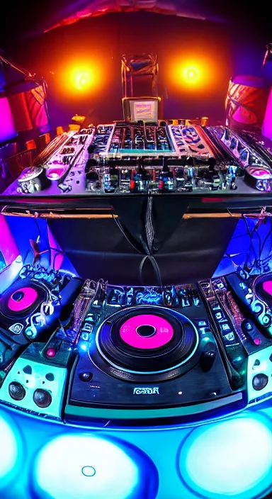 Image similar to award winning photo of an octopus! as a dj with tentacles! simultaneously placed turntables cdjs and knobs of a pioneer dj mixer. sharp, blue and fuschia colorful lighting, in front of a large crowd, studio, medium format, 8 k detail, volumetric lighting, wide angle, at an outdoor psytrance festival main stage at night