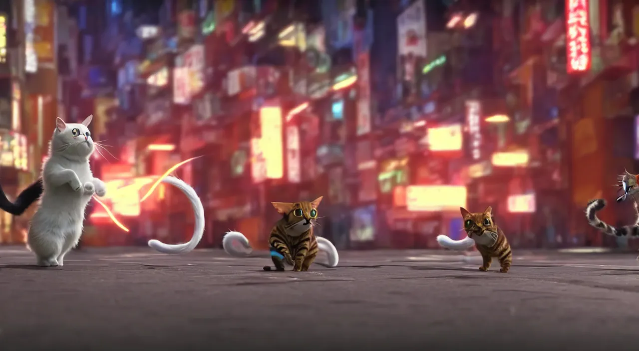Prompt: hyperrealistic pokemon fighting a cat in the streets of dystopian tokio cinematic lighting 8k wide angle shallow depth of field