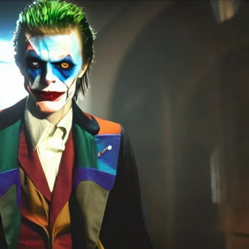 Prompt: stunning awe inspiring David Bowie as The Joker 8k hdr Batman movie still amazing lighting