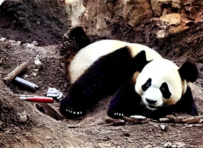 Prompt: 90's professional color photograph, A panda laboring in a mine.