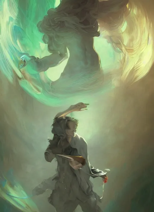 Prompt: character concept portrait of an attractive young clever Spanish wizard with powder-green skin conjuring a nature spell, a floating iridescent spell book in the center, intricate, elegant, digital painting, concept art, smooth, sharp focus, illustration, from Metal Gear, by Ruan Jia and Mandy Jurgens and William-Adolphe Bouguereau, Artgerm